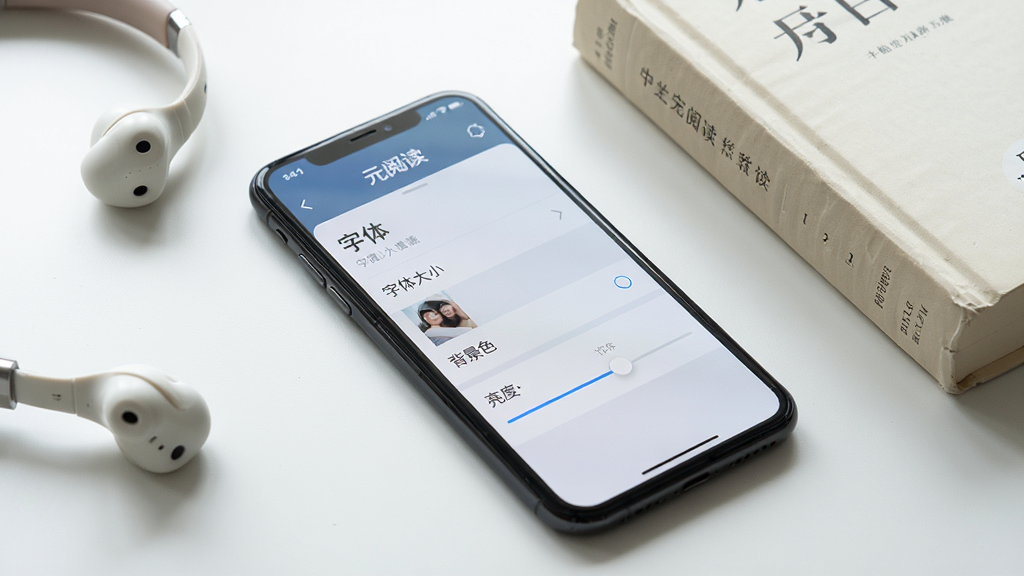 主体:一部手机运行元阅读APP,屏幕上显示阅读设置菜单,包含字体大小、背景色、亮度调节选项,旁边有耳机和书本;布局:手机斜放,屏幕内容清晰可见;排版:简洁直观;风格:生活化场景,自然光;细节:屏幕上有“元阅读”文字;画质:高清,干净,无多余元素