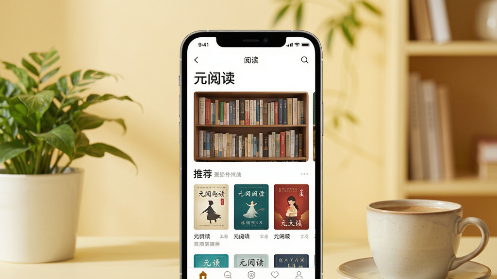 主体:元阅读APP主界面展示,一部智能手机屏幕显示书架和推荐图书列表,背景为温馨的浅黄色书房环境;布局:手机居中,屏幕中清晰显示“元阅读”字样和书籍封面,周围有绿植与咖啡杯点缀;排版:简洁明快,突出APP界面;风格:写实摄影风格,光影柔和,细节丰富;画质:高清,干净,无多余元素