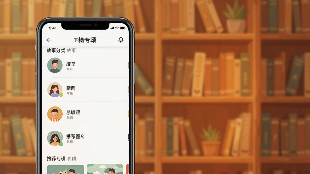 有听故事圈主界面展示,手机屏幕显示故事分类列表和推荐专辑,背景为暖色调书架,界面简洁干净,扁平化设计,高清画质,无多余元素