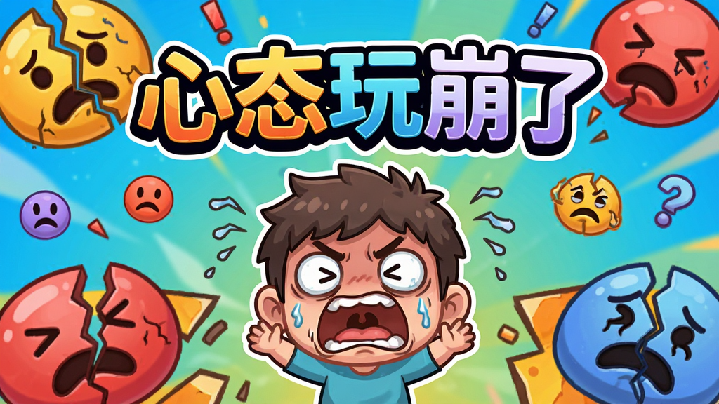 游戏主界面预览图,展示游戏名称“心态玩崩了”的艺术字标题,背景是色彩明亮、卡通风格的破碎心情元素,中心是一个表情夸张、即将崩溃的Q版角色,布局居中,排版活泼,风格明快,细节丰富,画质高清,干净无多余元素。