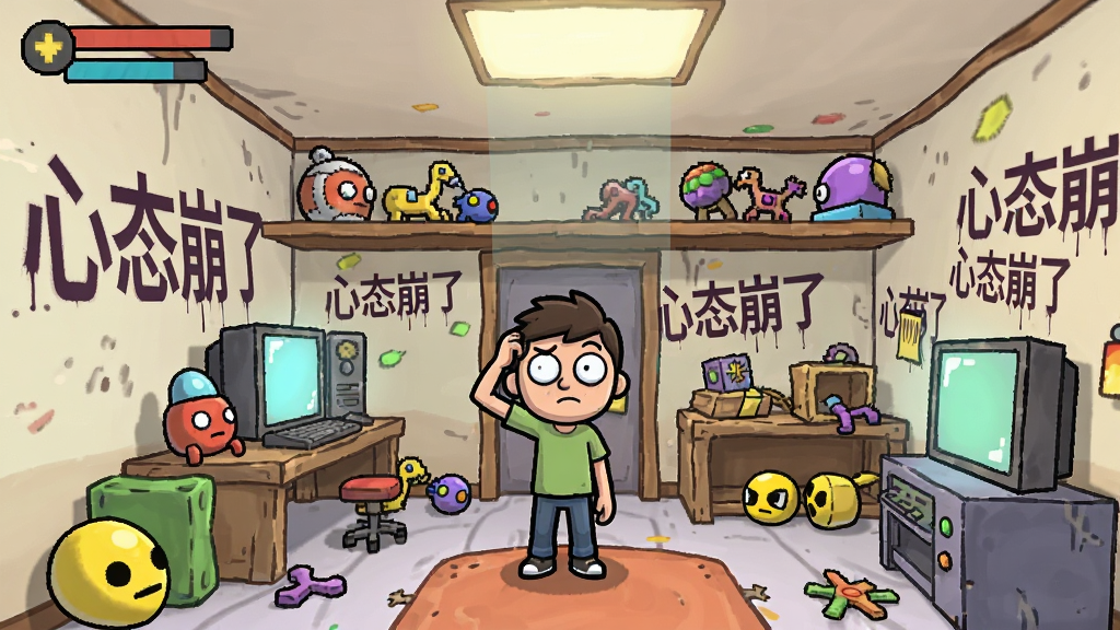 游戏内关卡截图,展示一个充满道具的奇怪房间,角色在中央挠头思考,墙上贴满“心态崩了”的涂鸦,布局杂乱但有层次,风格卡通搞笑,细节包括各种整蛊道具,画质清晰,干净无多余元素。
