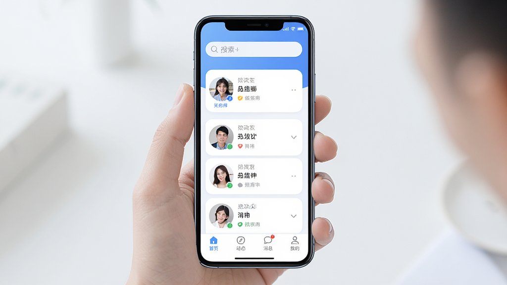 手机屏幕展示牵手欢聊应用主界面,界面布局简洁现代,顶部搜索栏,中部卡片式用户推荐列表,底部导航栏包含首页、动态、消息、我的,整体色调清新柔和,以蓝白为主,画质高清,干净无多余元素