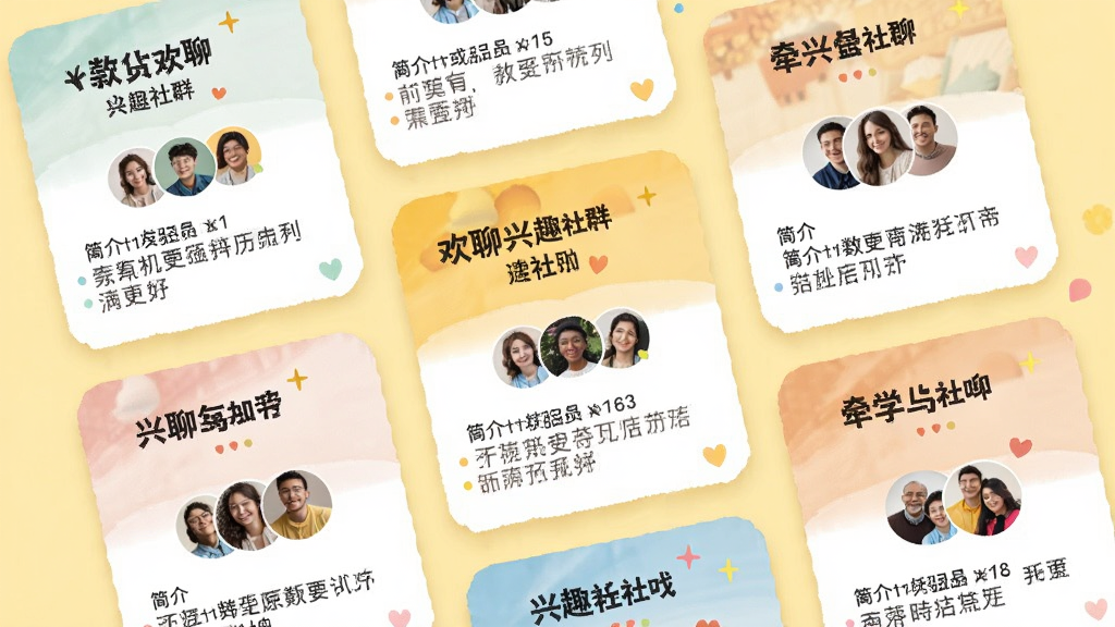 牵手欢聊兴趣社群页面,屏幕展示多个社群卡片,每个卡片有社群名称、成员头像簇、简介,背景为淡黄色,卡片错落排列,风格活泼温馨,细节丰富,画质清晰