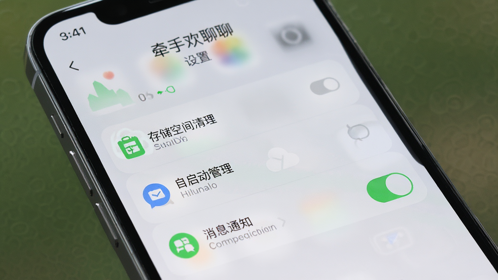 手机展示牵手欢聊设置界面,显示存储空间清理、自启动管理、消息通知开关等选项,背景为磨砂质感,图标简洁,风格清爽,画质高清