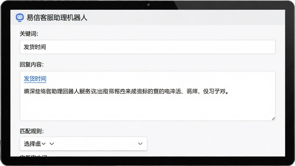 主体为“易信客服助理机器人”的自动回复配置界面,界面中展示关键词输入框、回复内容编辑区、匹配规则选择下拉菜单,布局自上而下,排版规整,风格扁平化,细节包含示例关键词“发货时间”及其对应回复文本,画质清晰干净,无多余元素