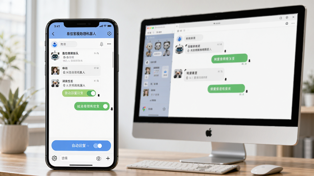 主体为“易信客服助理机器人”在手机上的运行界面,屏幕上显示聊天窗口与快捷回复按钮,旁边有一台电脑展示同类软件界面,布局为手机与电脑前后错落,排版有层次感,风格写实,细节包括消息列表、自动回复开关、设置图标,画质清晰,无多余元素