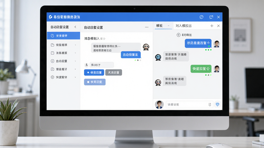 主体为易信客服助理机器人软件界面在电脑屏幕上的展示,屏幕中清晰显示“自动回复设置”面板与聊天窗口并列,布局左右对称,左侧为功能列表,右侧为对话模拟区,整体排版简洁清爽,风格现代科技感,细节包括消息气泡、快捷回复按钮、状态指示灯,画质高清干净,无多余元素