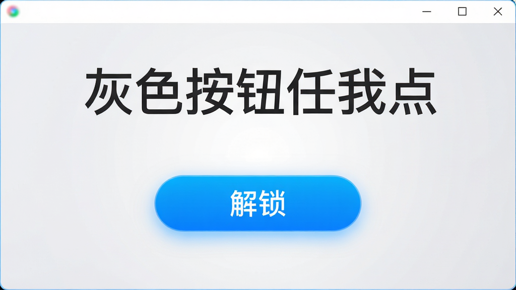 画面中央展示“灰色按钮任我点”软件主界面,界面简洁明亮,上方显示软件名称“灰色按钮任我点”,下方有一个醒目的“解锁”按钮,按钮呈亮蓝色,周围有淡淡的光晕效果,背景为干净的浅灰色渐变,整体风格现代简约,按钮细节清晰,画质高清,干净无多余元素。