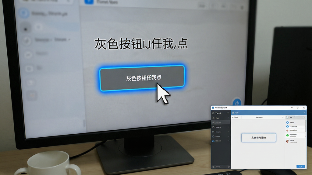 电脑屏幕上显示“灰色按钮任我点”正在解锁一个灰色按钮,鼠标指针悬停在按钮上,按钮边缘出现蓝色光晕,软件主界面悬浮在右下角,背景为桌面,画面清晰,突出操作过程,画质高清,干净无多余元素。