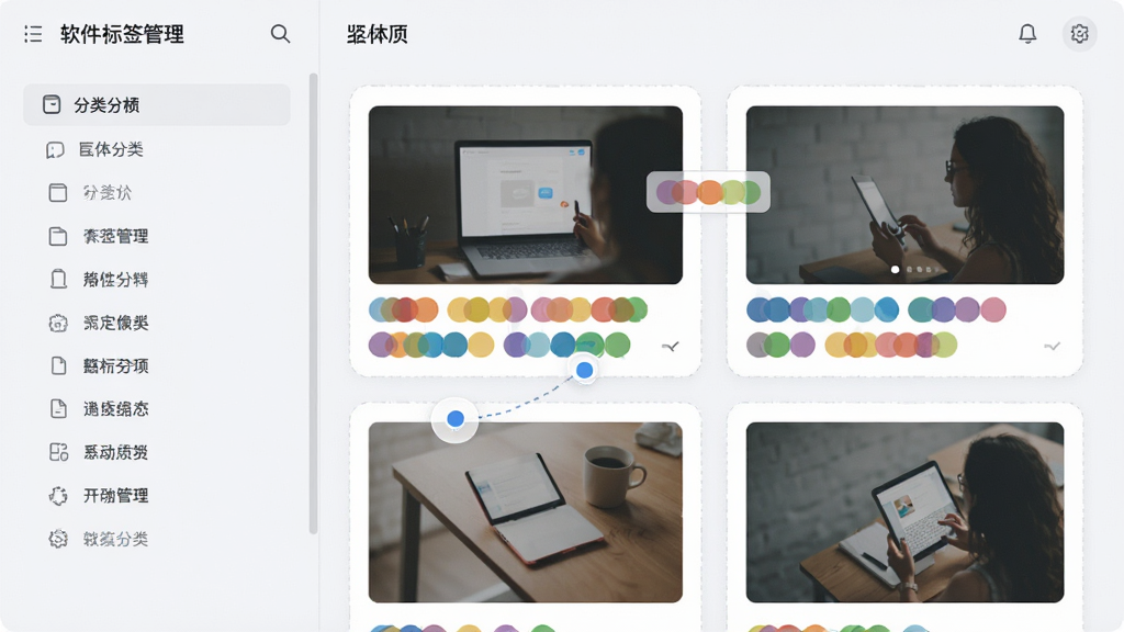主体:软件标签管理界面,右侧素材带有多个彩色标签。布局:左侧分类列表,右侧素材卡片展示标签。排版:标签呈胶囊状,色彩纷呈。风格:清新简洁,浅色背景。细节:标签可拖拽调整,素材卡片有预览图。画质:高清,无多余元素。