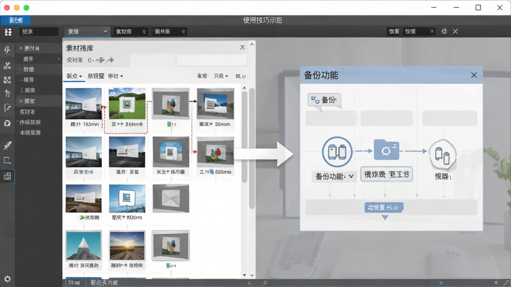 新点技术标制作软件使用技巧示意图,展示软件编辑界面中素材库和备份功能的位置,界面清晰,布局合理,风格简洁,画质干净,无多余元素