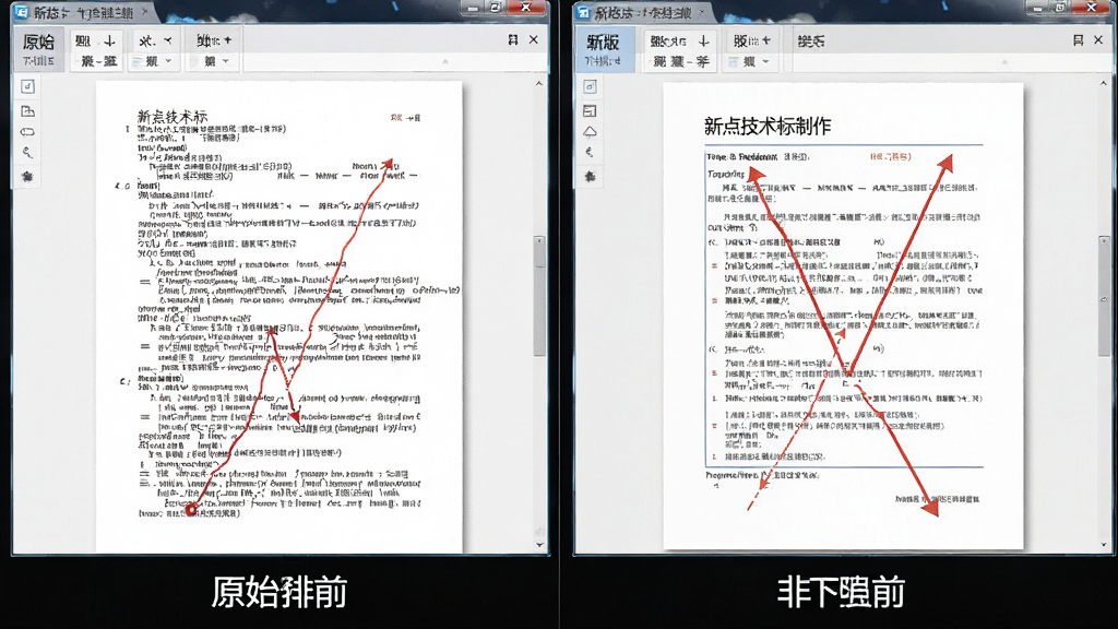 新点技术标制作软件格式自动排版功能演示,展示对比排版前后的文档截图,左侧为原始杂乱文档,右侧为排版后的整洁文档,界面清晰,重点突出,画质干净,无多余元素