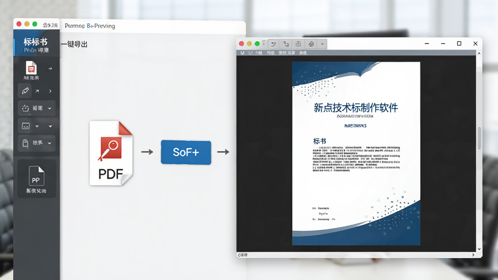 新点技术标制作软件一键导出PDF功能,展示点击导出按钮后生成PDF文件的界面,PDF预览窗口显示标书首页,风格商务,画质清晰,无多余元素