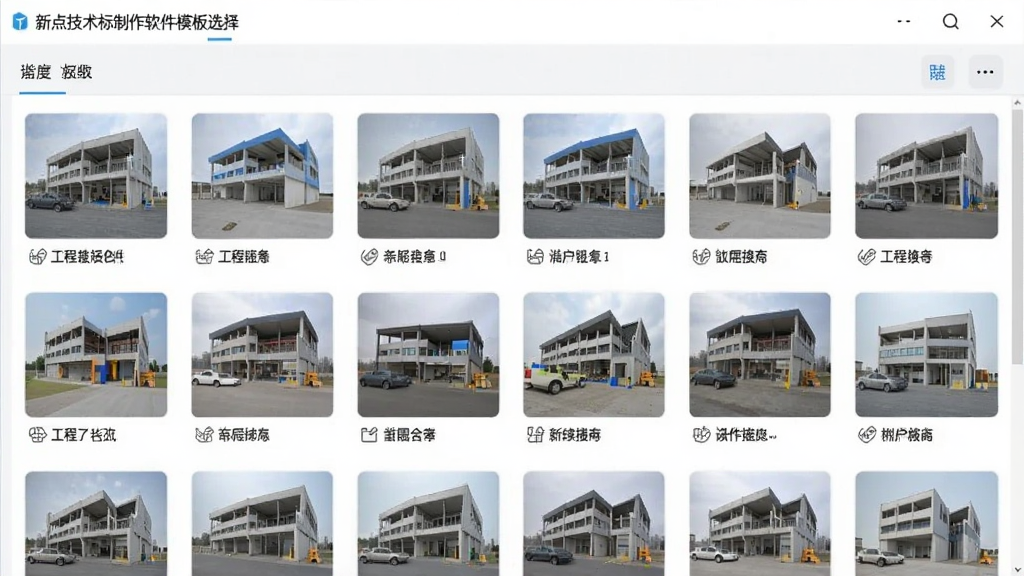 新点技术标制作软件模板选择界面,展示模板库列表,包含不同工程类别模板缩略图,界面布局清晰,排版整齐,风格简约,画质细腻,无多余元素