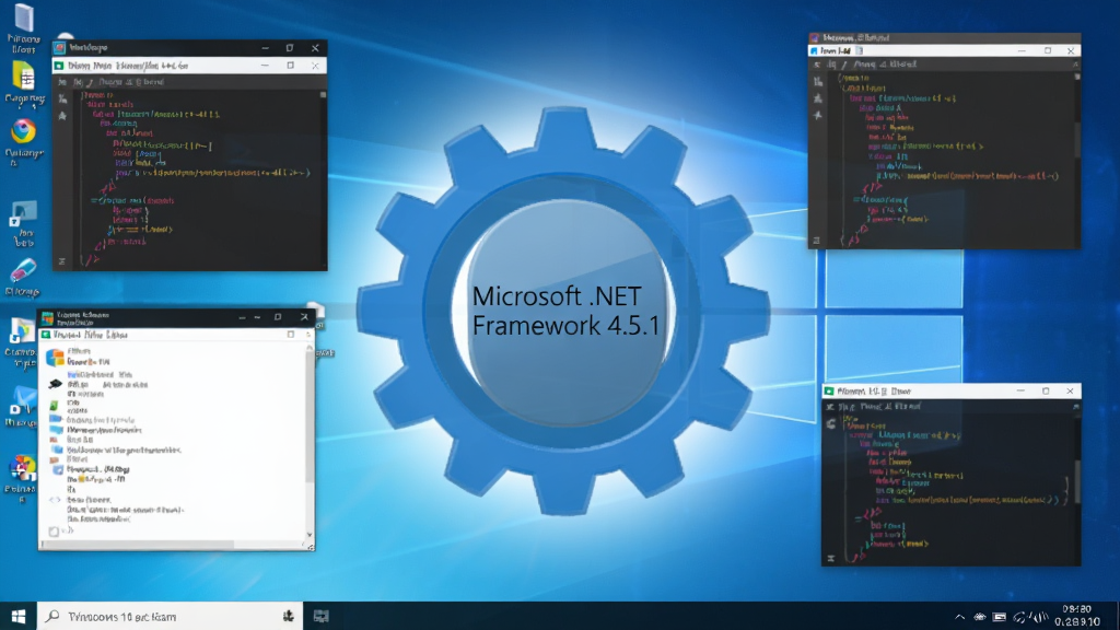 主体为Windows 10系统桌面,屏幕中央显示一个半透明的蓝色齿轮图标,内部有