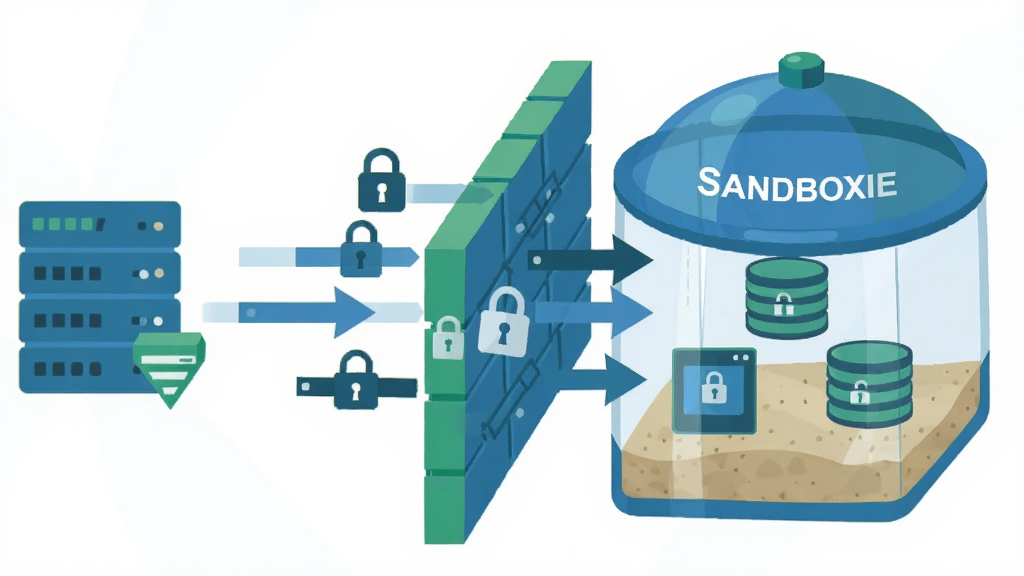 主体:Sandboxie隔离机制示意图,展示一个带防护罩的沙盒容器,内部有程序图标,外部箭头被阻挡。布局:左侧为宿主机系统图标,右侧为沙盒容器,中间有隔离墙。排版:图标化设计,箭头与锁头符号清晰。风格:扁平化科技风,蓝绿配色,简洁明了。细节:防护罩上有“Sandboxie”字样,隔离墙上有锁头图标,数据流被拦截。画质:高清,干净,无多余元素。