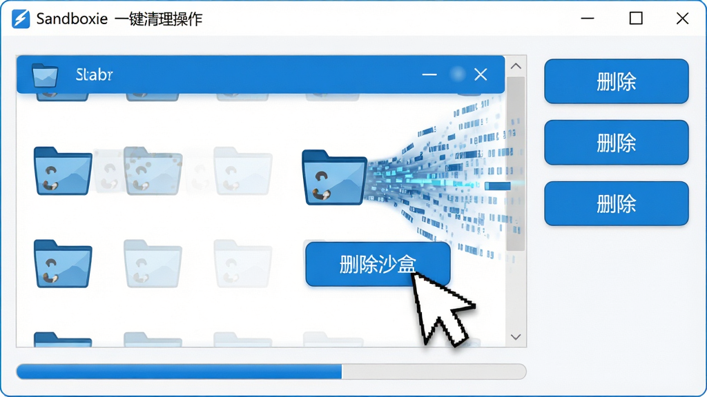 主体:Sandboxie一键清理操作界面,鼠标点击“删除沙盒”按钮,沙盒内容化为数据流被清除。布局:中央为沙盒列表,右侧为操作按钮,下方有进度条。排版:界面简洁,按钮醒目,图标清晰。风格:清爽蓝白配色,动效感强。细节:按钮上有“删除”字样,沙盒图标逐渐变淡,数据流飘散。画质:高清,干净,无多余元素。