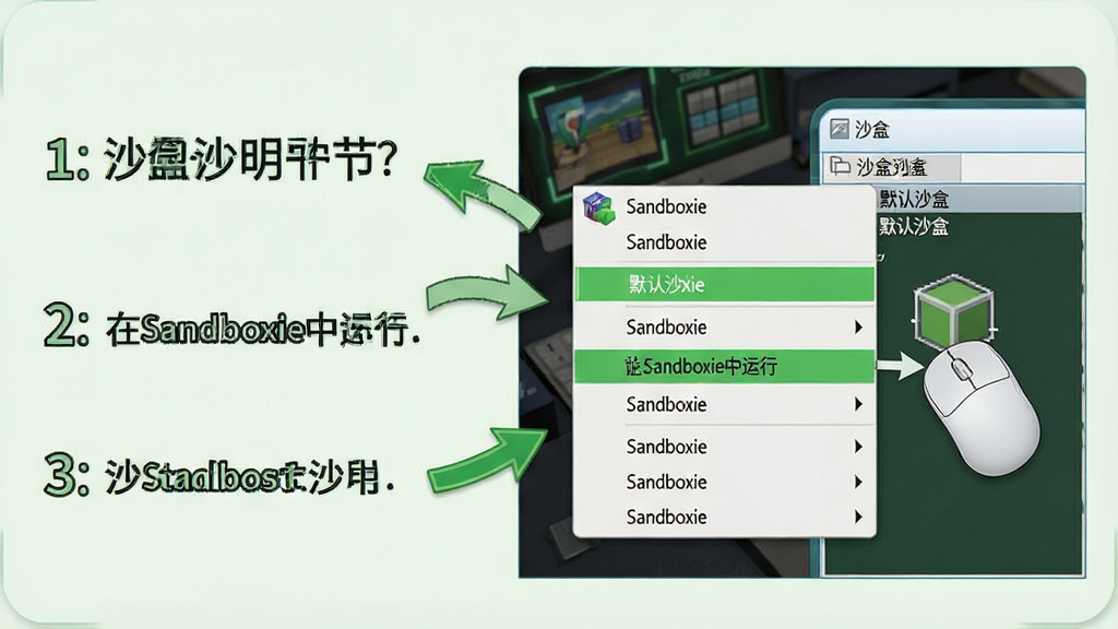 主体:Sandboxie操作教程示意图,展示鼠标右键菜单选择“在Sandboxie中运行”的步骤,以及沙盒列表。布局:左侧为步骤说明文字,右侧为操作界面截图。排版:步骤编号清晰,箭头指示。风格:教学风格,浅色背景,绿色高亮。细节:菜单项有“Sandboxie”字样,沙盒列表显示“默认沙盒”。画质:高清,干净,无多余元素。