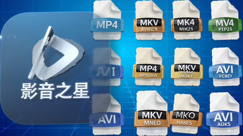 主体为影音之星软件图标与各种视频格式文件图标(如MP4、MKV、AVI)并排展示,背景为科技感蓝色渐变网格。布局采用横向排列,图标大小一致,排版整齐,风格为3D渲染质感,细节包括文件图标上的格式文字标签,画质清晰通透,干净无多余元素。