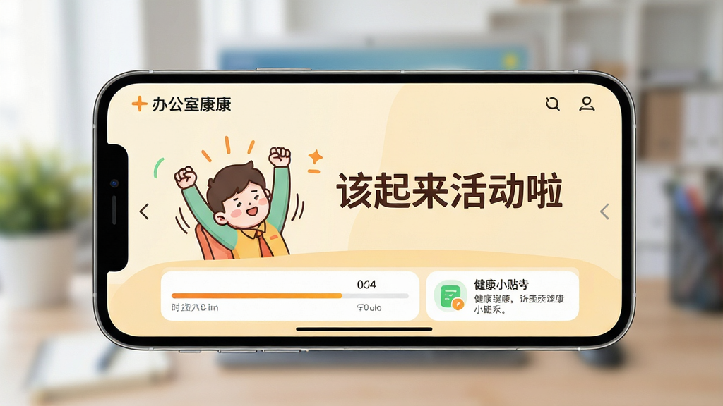 一个手机横屏展示“办公室康康”软件的久坐提醒功能界面。主体是手机设备,屏幕上有卡通人物伸懒腰的动画和“该起来活动啦”的醒目文字。布局以手机为中心,背景虚化。排版简洁明了,界面设计采用清新风格,色彩明亮温暖,细节包括时间进度条和健康小贴士,画质干净无多余元素。
