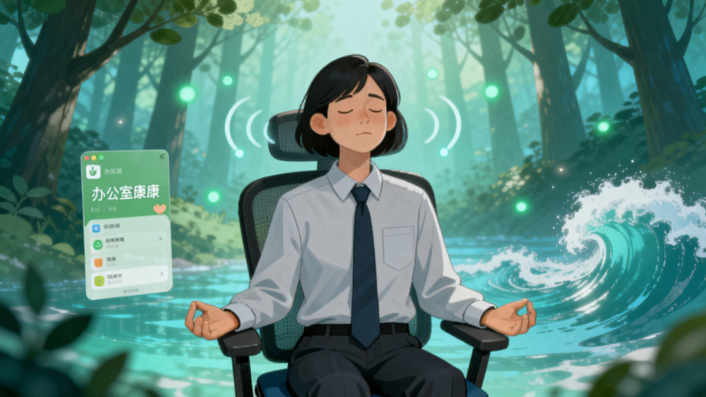 一个宁静的冥想场景插画,主体是一位坐在办公椅上的职场人士闭眼深呼吸,周围环绕着“办公室康康”软件虚拟出来的森林与海浪光影。布局采用环绕式构图,人物居中。排版具有沉浸感,风格梦幻且治愈,色彩以清新的蓝绿色为主,细节有呼吸节奏的引导光点,画质干净无多余元素。