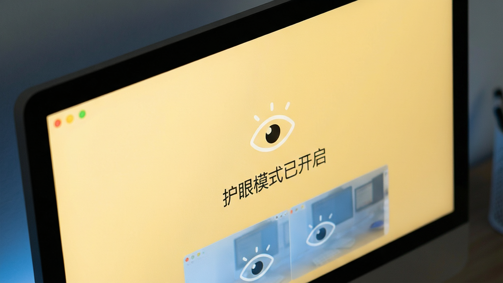 展示“办公室康康”软件护眼模式界面,主体是电脑显示器屏幕的局部特写,屏幕画面色调偏暖黄色,显示有眼睛图标和“护眼模式已开启”的提示字样。布局采用对角线构图,显示器占据画面主体。排版风格极简,突出柔和光线效果,细节有淡淡的蓝光过滤前后对比图,画质细腻干净无多余元素。