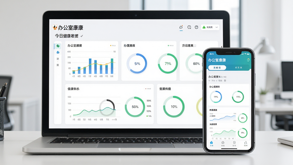 一张手机与电脑并排摆放的照片,电脑屏幕上显示“办公室康康”的今日健康数据看板,手机屏幕显示同款软件的移动端界面。主体为两部设备,布局采用平行构图。排版规整,风格写实,细节有数据图表和进度环,画质清晰干净无多余元素。