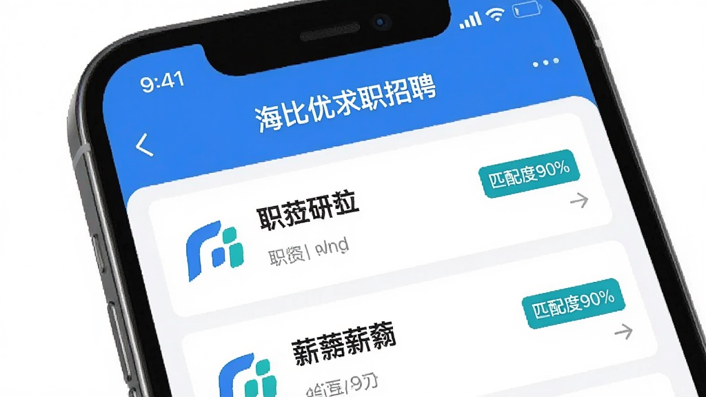 主体为一部智能手机屏幕展示“海比优求职招聘”APP的职位推荐界面,布局为上下滑动列表,排版清晰展示公司logo、职位名称与薪资,风格为UI界面截图风格,细节包含右侧的“匹配度90%”标签,画面干净,画质高清,无多余元素。