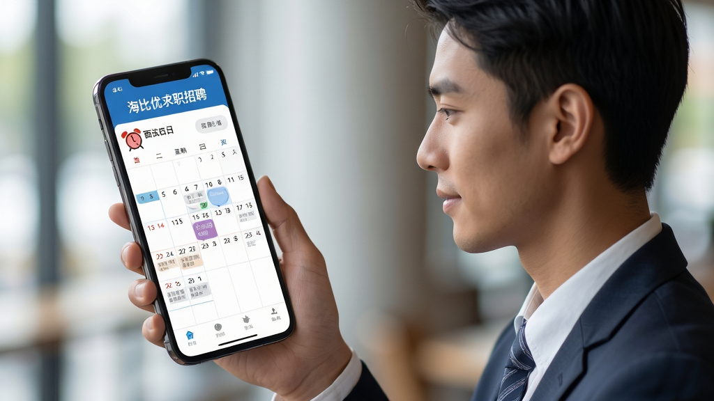 主体为一名求职者手持手机查看“海比优求职招聘”的面试日程提醒界面,布局为人物侧写与手机屏幕特写,排版干净,风格写实,细节包含屏幕上的日历标记与闹钟图标,画质高清,背景虚化,无多余元素。