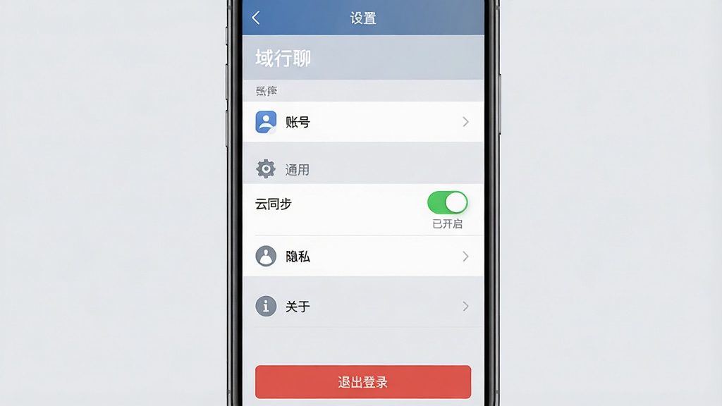 主体:手机屏幕显示“域行聊”的“设置”页面,其中“云同步”开关为绿色开启状态。布局:手机居中,背景为浅灰色,设置项以列表显示。排版:顶部有“设置”标题,下方有“账号”、“通用”、“隐私”、“关于”等分组。风格:扁平化,图标简约,颜色以蓝灰为主。细节:“云同步”开关旁边有“已开启”字样,底部有“退出登录”红色按钮。画质:高清渲染,干净,无多余元素。
