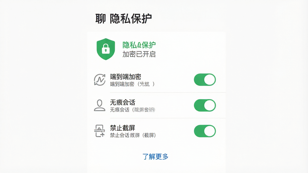 主体:“域行聊”应用隐私设置页面,显示“加密已开启”绿色盾牌图标,以及“无痕会话”开关。布局:页面居中,背景为纯白色,设置项以列表排列。排版:顶部大标题“隐私保护”,下方依次为“端到端加密”、“无痕会话”、“禁止截屏”等开关。风格:简洁清爽,图标采用线性风格,颜色以绿色和灰色为主。细节:每个开关右侧有状态说明文字,底部有“了解更多”蓝色链接。画质:高清,干净,无多余元素。