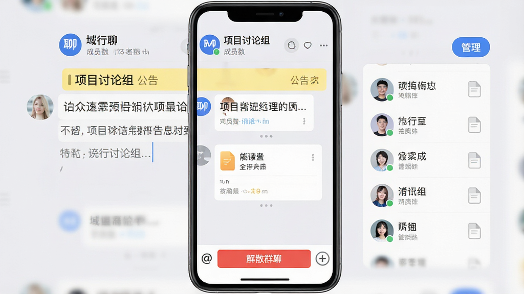 主体:“域行聊”群组管理界面,显示一个名为“项目讨论组”的群聊,成员列表右侧有“管理”按钮。布局:手机竖屏,群聊背景为浅灰色,顶部为群名称和成员数。排版:消息区域有文字和文件卡片,底部输入栏左侧有“@”符号,右侧有“+”号。风格:商务简洁,配色以蓝白灰为主。细节:群公告以黄色高亮置顶,成员头像整齐排列,底部有“解散群聊”红色按钮。画质:高清,干净,无多余元素。