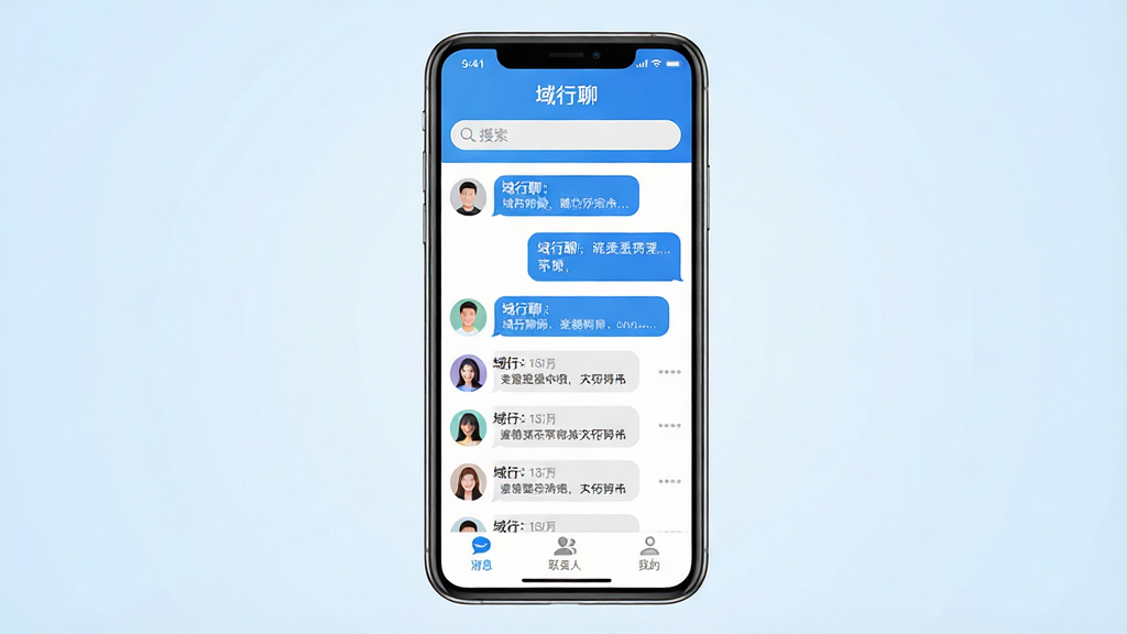 主体:一部智能手机屏幕显示“域行聊”主界面,界面顶部有“域行聊”应用名称,下方排列多个对话气泡。布局:手机居中,背景为淡蓝色渐变,气泡列表清晰可见。排版:界面上方为搜索栏,下方为消息列表,布局简洁。风格:扁平化、现代感,色彩清新,主色调为蓝白。细节:每个气泡显示联系人头像和最后一条消息预览,底部导航栏有“消息”、“联系人”、“我的”三个标签。画质:高清渲染,干净,无多余元素。