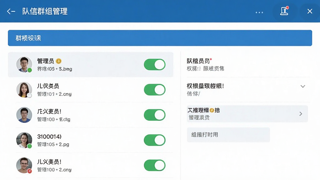 队信群组管理界面截图,主体为群聊设置页面,布局清晰展示成员列表与权限选项,排版规整,风格简洁,细节包括管理员标识与开关按钮,画质高清干净