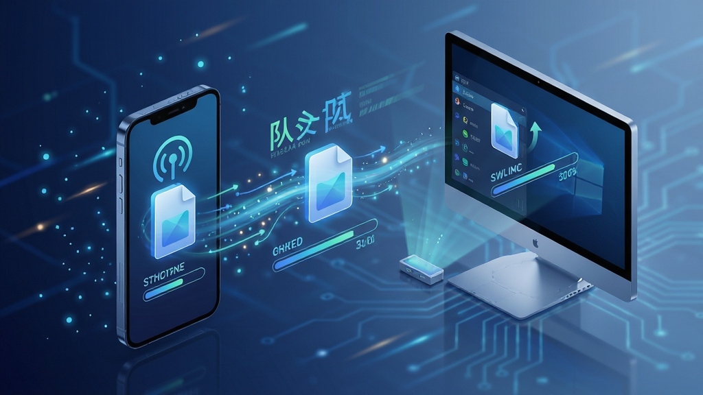 队信文件传输功能示意图,主体为手机与电脑之间传输文件的动画效果,布局动态,排版有科技感,风格现代,细节包括文件图标与进度条,画质高清干净