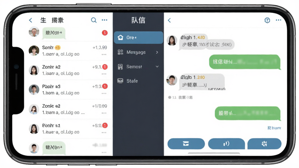 队信软件主界面预览图,展示聊天列表与功能导航,主体为手机屏幕中的队信应用界面,布局采用左侧栏与右侧聊天窗口,排版简洁清晰,风格现代扁平化,细节包括未读消息角标与底部功能按钮,画质高清干净无多余元素