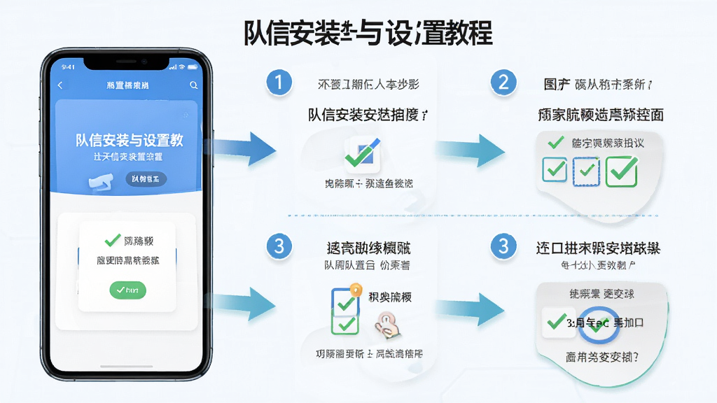 队信安装与设置教程插图,主体为手机屏幕显示安装步骤,布局分步展示,排版清晰,风格教学化,细节包括箭头指示与权限勾选图标,画质高清干净