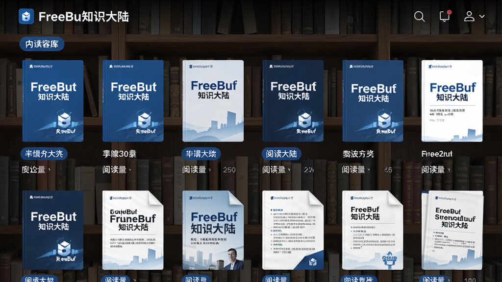 主体为“FreeBuf知识大陆”应用的内容库界面,屏幕上整齐排列多本电子书封面和文档缩略图,背景为书架纹理。布局采用网格状排列,突出丰富性。排版规整,封面标题清晰。风格商务大气,色调以蓝白为主。细节包括文档分类标签和阅读量数据,画质清晰,无多余装饰。