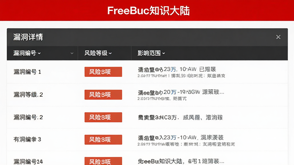 主体为“FreeBuf知识大陆”的漏洞预警通知界面,顶部显示红色警报横幅,下方列出漏洞详情列表。布局简洁,以列表为主。风格严肃专业,红色点缀。细节包括漏洞编号、风险等级和影响范围,画质清晰,无多余元素。