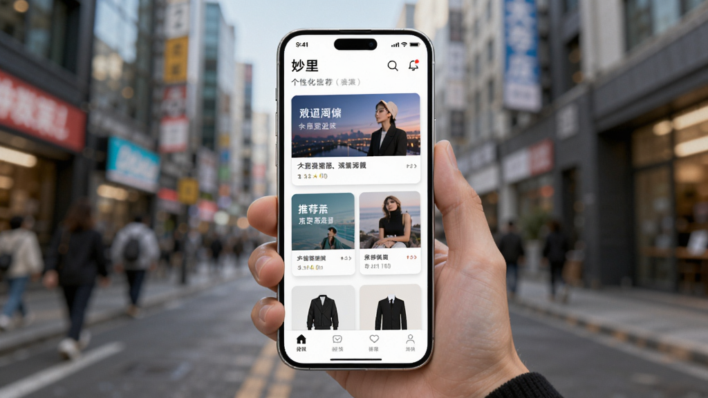 画面主体为一部手机竖屏显示“妙里”应用的个性化推荐页面,页面中展示多张资讯卡片与推荐商品图。手机由一只手握着,背景为模糊的城市街景。布局采用垂直构图,风格现代时尚,色彩明亮,细节丰富,画质高清,干净无多余元素。