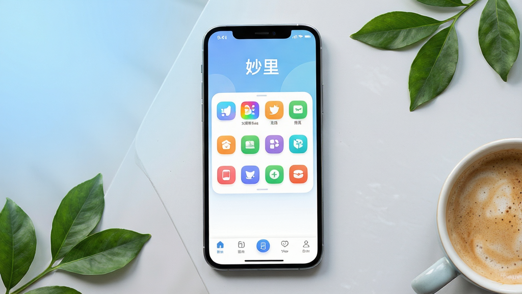 画面主体为一部智能手机屏幕占据视觉中心,屏幕内清晰显示“妙里”应用的主界面,界面布局简洁,包含彩色功能图标与底部导航栏。手机斜放于浅灰色桌面,旁边散落几片绿叶与一杯咖啡。整体排版采用居中构图,背景为柔和的渐变蓝色,风格清新明快,细节丰富,画质高清,干净无多余元素。