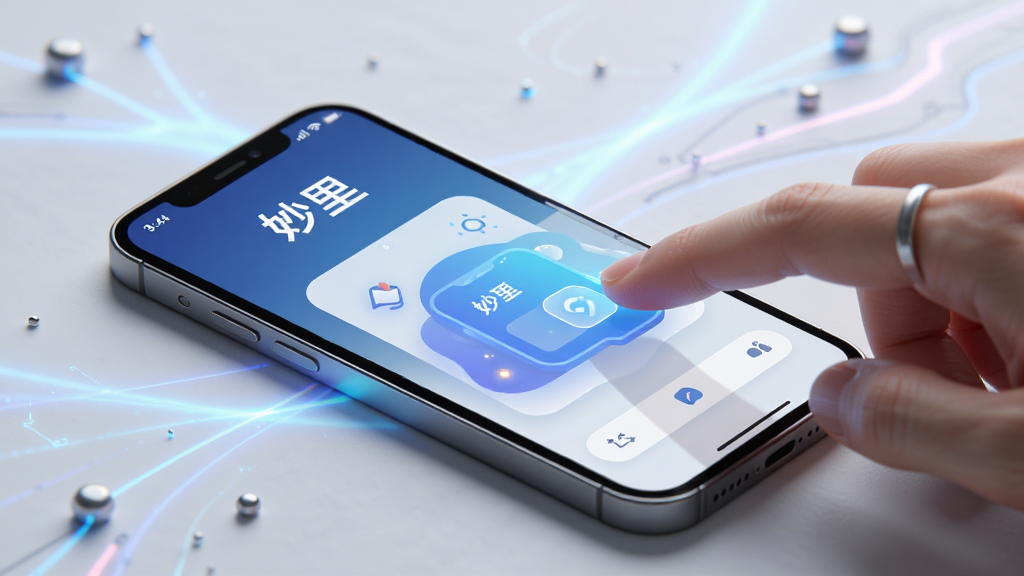 画面主体为“妙里”应用在手机上的操作演示,手指轻触屏幕,界面出现流畅的动画过渡效果。手机置于浅色背景前,周围有动态的光影效果。布局采用侧视角构图,风格科技感十足,细节丰富,画质高清,干净无多余元素。