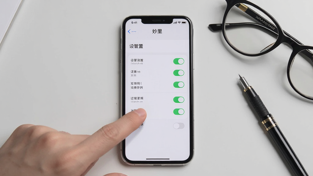 画面主体为一部手机屏幕显示“妙里”应用的设置页面,页面包含多个选项开关,手指正在点击某个开关。手机放置在书桌上,旁边有眼镜和笔。布局采用平视构图,背景为浅灰色,风格干净整洁,细节丰富,画质清晰,干净无多余元素。