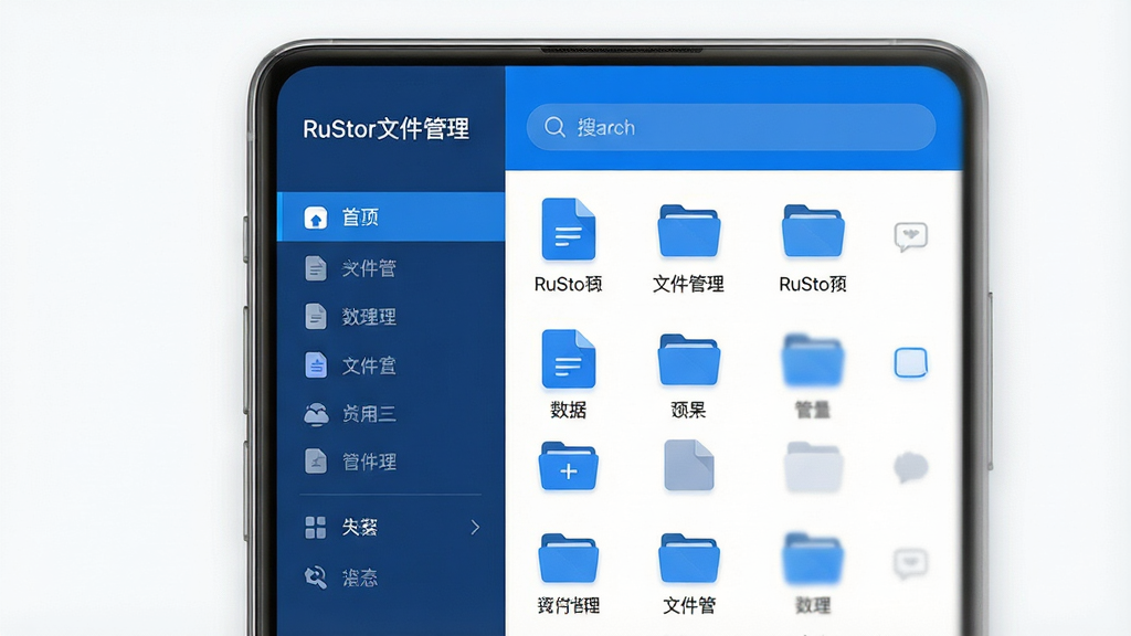 主体:一款名为“RuStor文件管理”的智能手机应用界面,占据画面中心。布局:左侧为分类侧边栏,右侧为文件列表,顶部有搜索框。排版:界面元素排列整齐,图标线条流畅。风格:现代扁平化设计,主色调为科技蓝,配以白色背景。细节:屏幕中显示“RuStor文件管理”字样,文件图标清晰,界面高亮。画质:8K高清,干净,无多余元素。