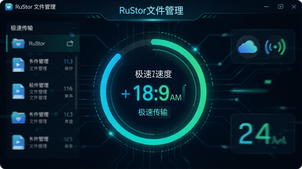 主体:“RuStor文件管理”软件的极速传输功能界面。布局:界面中心有一个大的圆形进度环,显示传输速度,周围有文件列表和网络状态图标。排版:数据可视化,动态效果流畅。风格:科技感强,深色背景搭配霓虹蓝绿色高亮。细节:界面显示“RuStor文件管理”和“极速传输”字样,速度数字实时变动。画质:动态模糊效果,高清晰度,无多余元素。