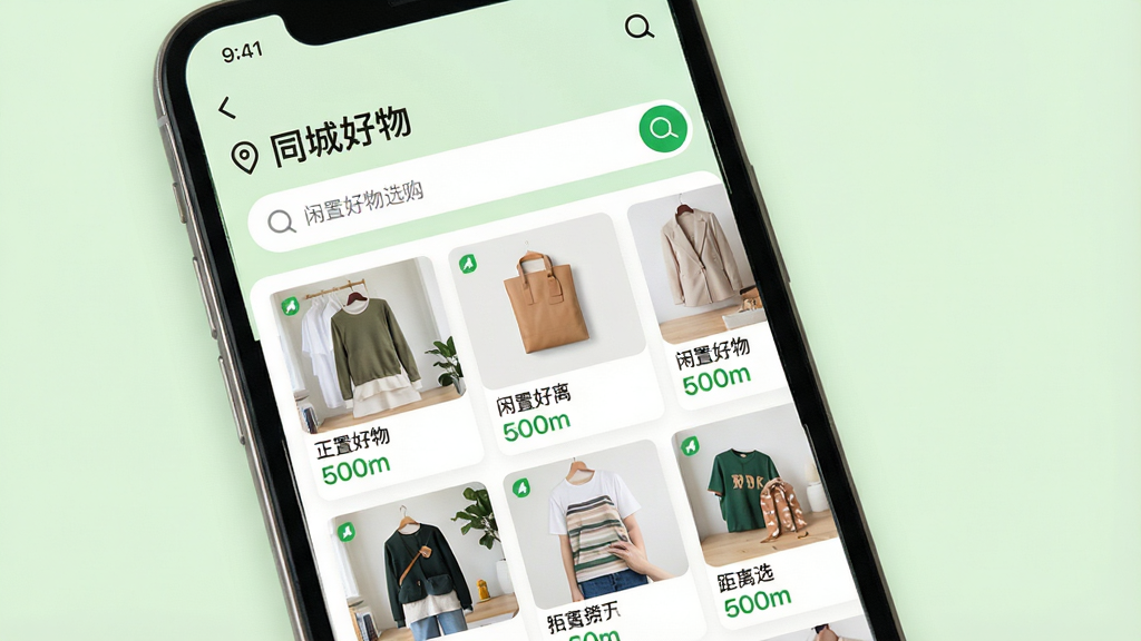 主体:手机屏幕显示“闲置好物选购”APP的同城页面。布局:上方为城市定位与搜索框,下方为商品卡片列表,卡片上标注距离。排版:列表式布局,距离信息用绿色字体显示。风格:清爽自然,背景为淡绿色。细节:顶部有“同城好物”标题,卡片上显示“500m”等距离,整体直观易懂。画质:高清,色彩分明,无多余元素。