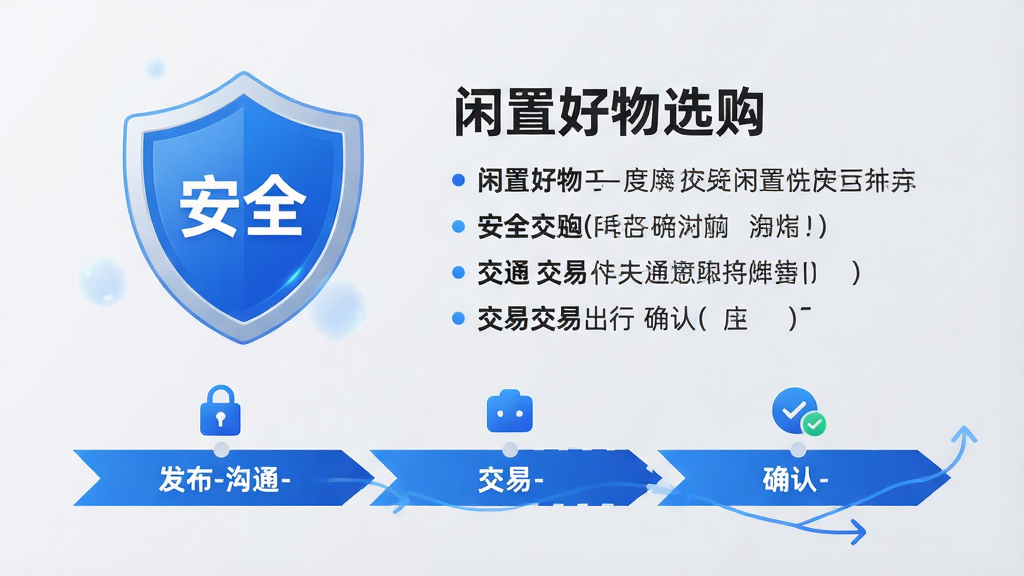主体:展示“闲置好物选购”APP的安全交易流程示意图。布局:左侧为盾牌图标,右侧为文字说明,下方为交易步骤时间轴。排版:信息层级分明,图标与文字搭配协调。风格:商务科技感,背景为浅灰色。细节:盾牌图标上有“安全”字样,时间轴标注“发布-沟通-交易-确认”,整体严谨可靠。画质:高清,线条流畅,无多余元素。