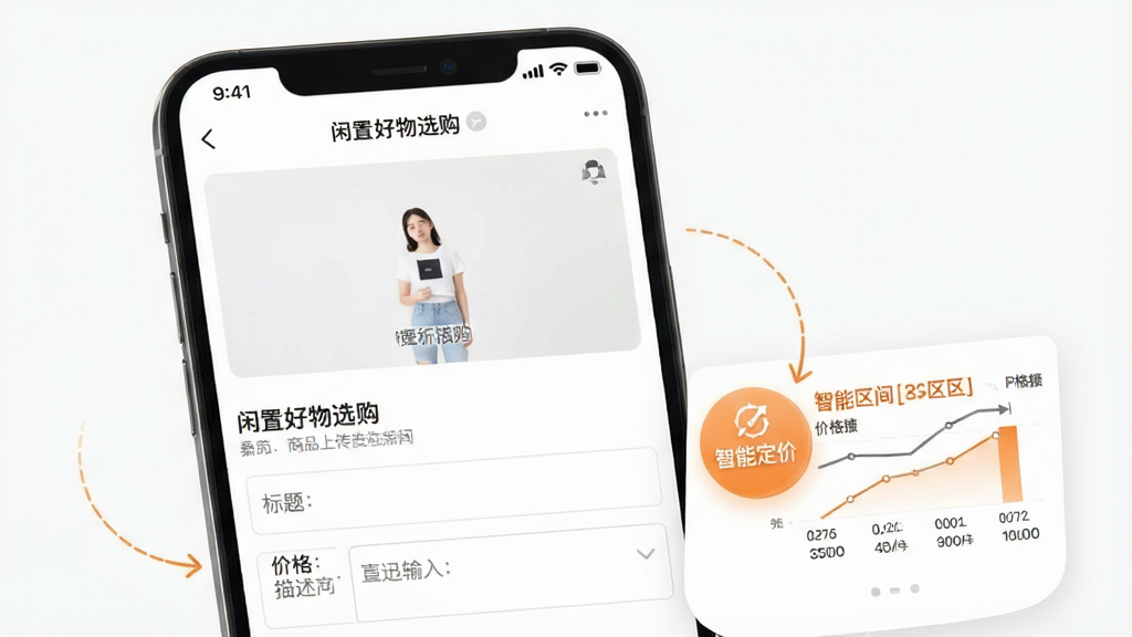 主体:手机屏幕显示“闲置好物选购”APP的商品发布界面。布局:上方为商品图片上传区域,下方为标题、价格、描述输入框,右侧有“智能定价”按钮。排版:表单布局清晰,提示文字为灰色。风格:简洁实用,背景为白色。细节:智能定价按钮为橙色,旁边显示价格区间图表,整体操作指引明确。画质:高清,界面清爽,无多余元素。