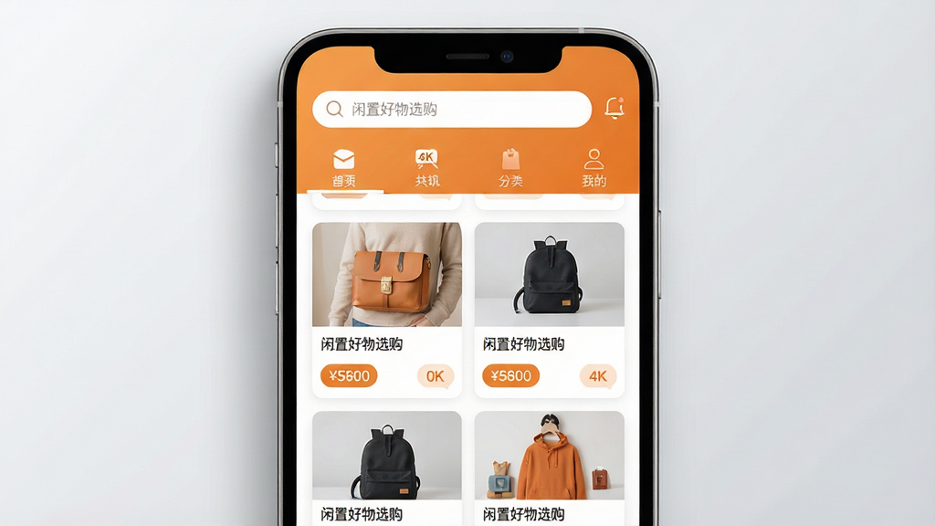 主体:一款名为“闲置好物选购”的二手交易APP界面展示,手机屏幕内呈现商品瀑布流与分类导航栏。布局:手机居中,屏幕内容清晰可见,上方为搜索栏与分类图标,下方为商品卡片列表。排版:UI设计简洁,商品图片与价格标签排列整齐,色彩以暖橙色与白色为主。风格:现代扁平化设计,明亮通透,背景为浅灰色渐变。细节:手机侧面有柔和阴影,屏幕中显示“闲置好物选购”字样,价格标签突出,整体干净整洁。画质:4K超清,细节丰富,无多余元素。