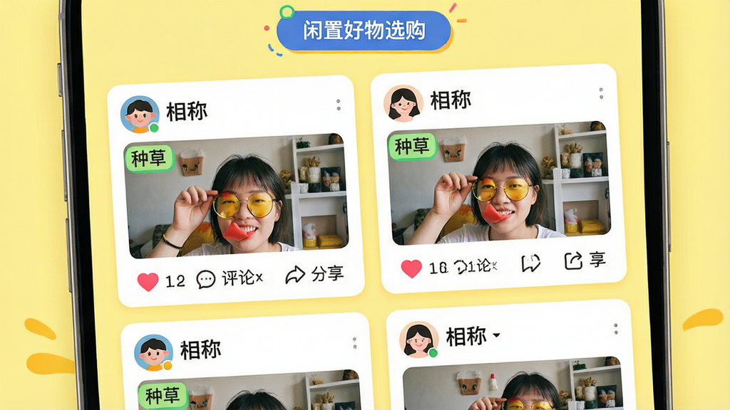主体:展示“闲置好物选购”APP的社区页面。布局:顶部为发布按钮,下方为信息流卡片,卡片包含用户头像、昵称、内容图片与互动按钮。排版:瀑布流式布局,卡片间距均匀。风格:活泼明快,背景为浅黄色。细节:卡片上有“种草”标签,互动按钮包含点赞、评论、分享图标,整体社区氛围浓厚。画质:高清,色彩鲜艳,无多余元素。